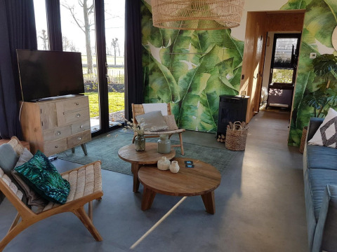 Woonkamer van een tiny house met bladmotief muur, houten meubels en grote ramen in Just Nature 4, Zuiderzee, Nederland.