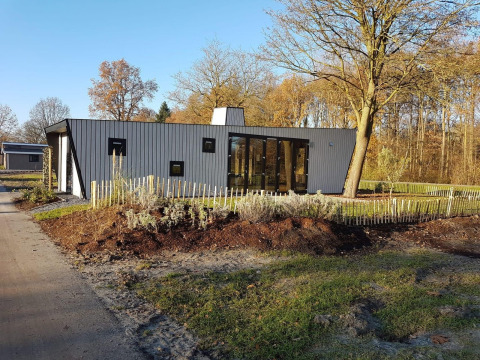 Tiny house moderna Just Nature 4 a Zuiderzee, Paesi Bassi, circondata da alberi e natura.