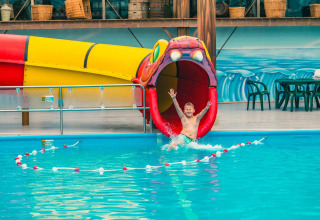 Junge rutscht fröhlich eine bunte Wasserrutsche in Form eines Tieres im Glamping-Unterkunftspool hinunter.