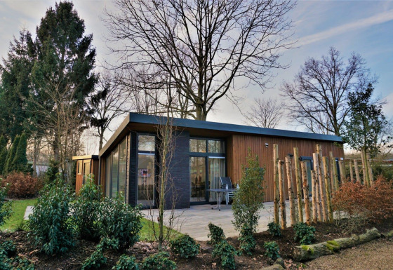 Lodge moderne Pavilion 4 avec grandes baies vitrées, façade bois et jardin verdoyant, arbres autour.