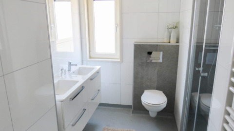 Moderne badkamer in Pavilion at Zuiderzee lodge in Nederland met dubbele wastafel, zwevend toilet en douche.
