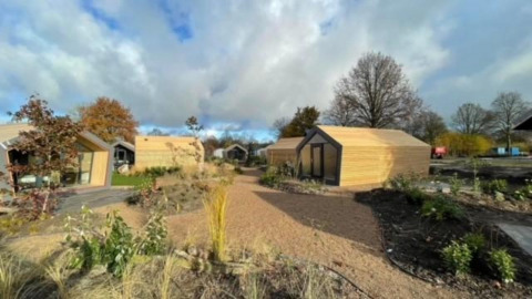 Uitzicht op Solo Retreat 2 lodge bij Zuiderzee, Nederland met moderne houten huisjes en natuuromgeving.