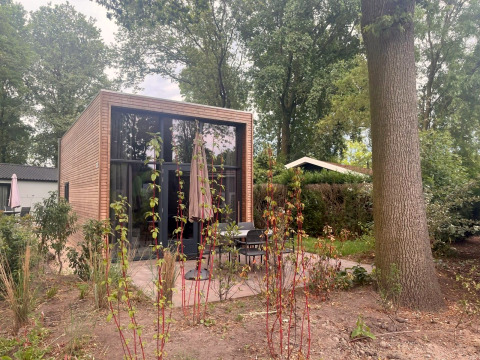 Modernes kleines Haus namens Tiny House 2 mit Holzverkleidung, Glasfronten und Terrasse im Grünen.