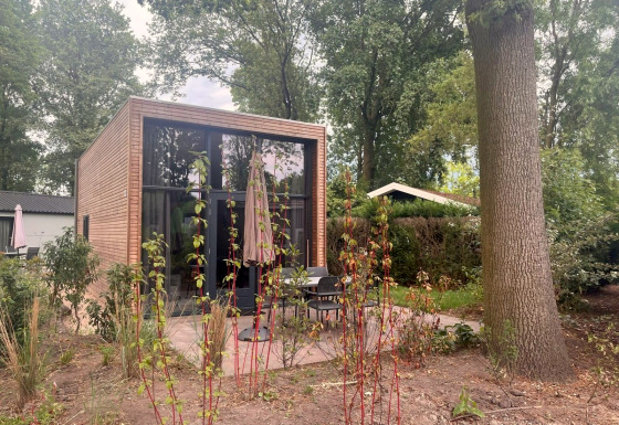 Modernes kleines Haus namens Tiny House 2 mit Holzverkleidung, Glasfronten und Terrasse im Grünen.