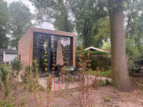 Modern Tiny House 2 met houten buitenkant, grote ramen en tuin, gelegen in een bosrijke omgeving.