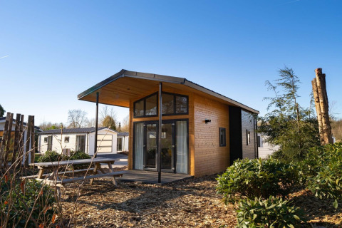 Moderne tiny house lodge bij Zuiderzee in Nederland, met houten gevel en grote ramen, omgeven door natuur.