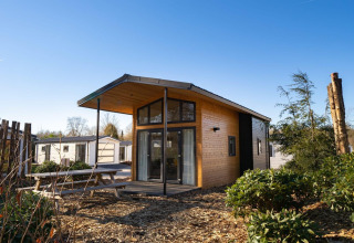 Moderne tiny house lodge aan het Zuiderzee in Nederland, met houten gevel, grote ramen en groene omgeving.