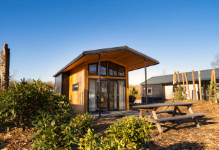 Moderne Tiny House 4-lodge ved Zuiderzee i Holland med træfacade, udendørs bord og natur omkring.