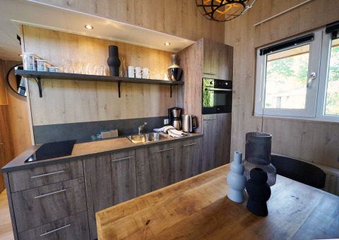 Moderne Küchenzeile mit Holzelementen und Esstisch im Tiny House Plus 4, Zuiderzee, Niederlande.