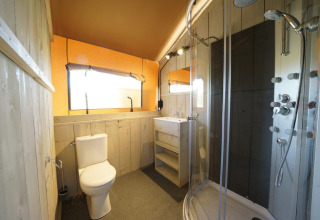 Bagno moderno nella Glampingtent 6 a Zuiderzee, Paesi Bassi, con doccia, wc e lavabo.