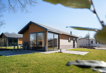 Modernes Ferienhaus mit großen Fenstern und Terrasse auf einer grünen Wiese an einem sonnigen Tag.