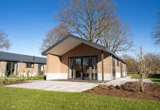 Moderno lodge Velthorst 6 a Zuiderzee, Paesi Bassi, con vialetto, giardino e cielo limpido.