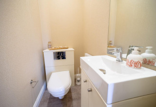 Beeld van een hedendaags, compact toilet in een lodge met zwevend toilet, wastafel en spiegel.