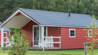 Boslodge 4, eine rote Hütte mit grauem Dach und Veranda, liegt inmitten von Bäumen und Grünflächen.