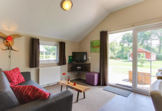 Stue i Boslodge 4 på De Utrechtse Heuvelrug, Holland, med sofa, tv, store vinduer og udsigt til have.