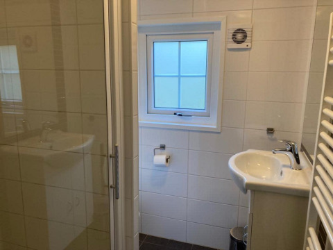 Modern bathroom at Boslodge 4 in De Utrechtse Heuvelrug, Netherlands, with washbasin, shower and window.