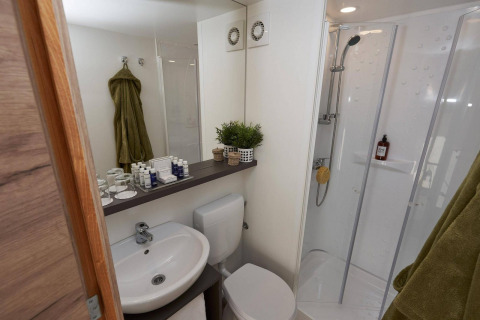 Bagno moderno in Glampingtent 6 con doccia, lavabo, WC, specchio e asciugamani verdi sul muro.