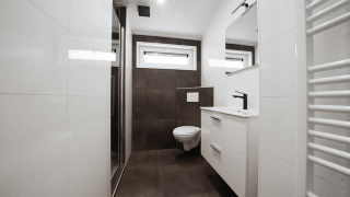 Modern bathroom in a lodge with wall-hung toilet, shower, windows, and white cabinets under the sink.
