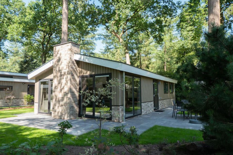 Moderne lodge met grote ramen en terras, midden in het groen en omgeven door bomen in een bosrijke omgeving.