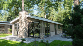 Modern lodge with large windows and patio, surrounded by trees and greenery in a peaceful forest setting.