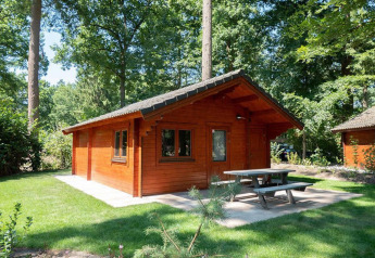 A tiny wooden house named Boekhorst 4, surrounded by green trees and lawn, with an outdoor picnic table.