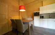 Modern tiny house with wooden walls, dining table, cushioned chairs, kitchen, and red lamp in the Netherlands.