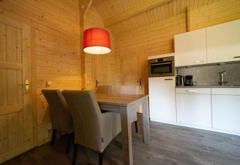Tiny house moderna con pareti in legno, tavolo da pranzo, sedie imbottite e cucina nei Paesi Bassi.