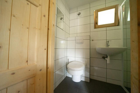 Baño pequeño moderno con inodoro montado en la pared y lavabo en una tiny house de Países Bajos.