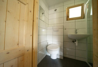 Compacte badkamer met wandtoilet en lavabo in een tiny house op De Utrechtse Heuvelrug in Nederland.