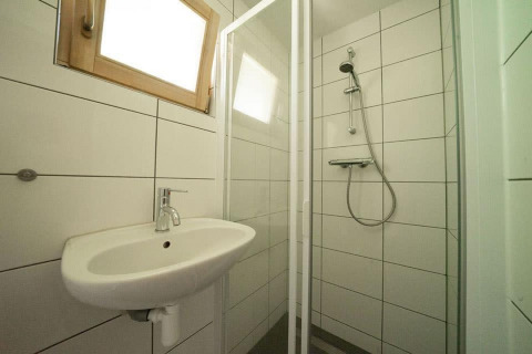 Kleine badkamer in Boekhorst 4 bij De Utrechtse Heuvelrug, met douche, wastafel en raam.