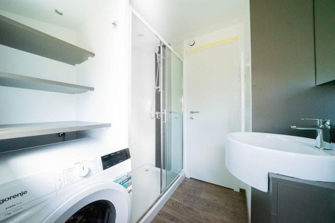 Bagno moderno nel Panorama Cottage 4 a De Utrechtse Heuvelrug, Paesi Bassi, con lavatrice e doccia.