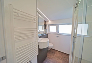 Bagno moderno con pavimento effetto legno, lavabo, grande specchio, doccia e finestre in Panorama Cottage 4, Paesi Bassi.