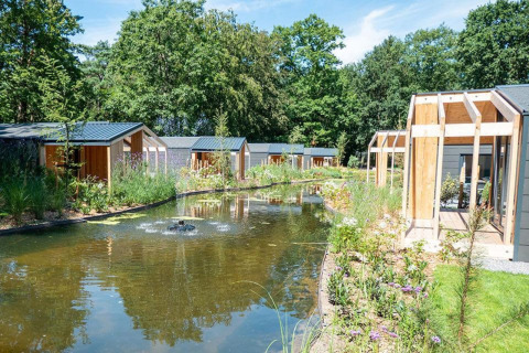 Panorama Cottage 4 bei De Utrechtse Heuvelrug, Niederlande, mit modernen Lodges am Teich im Grünen.