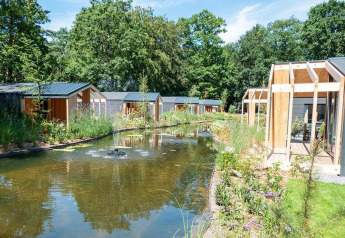 Panorama Cottage 4 bij De Utrechtse Heuvelrug, Nederland, met lodges aan een vijver en groene natuur.