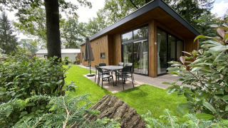 Moderne Pavilion 6 lodge med træfacade, store vinduer, havebord og parasol i omgivet grøn natur.