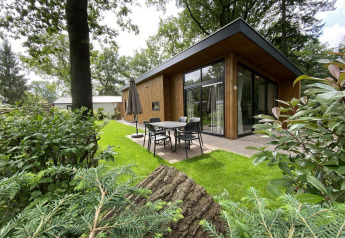 Le lodge Pavilion 6, façade bois, larges baies vitrées, mobilier de jardin, au cœur d'une nature verdoyante.