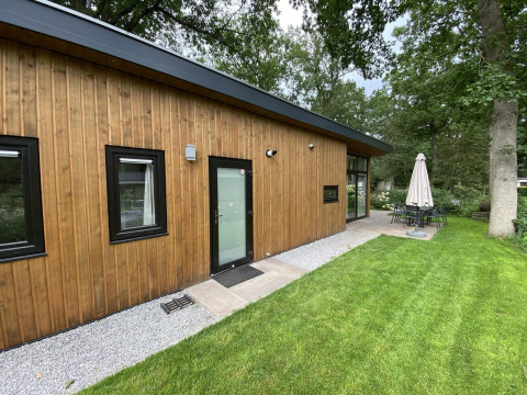 Moderne træhytte Pavilion 6 ved De Utrechtse Heuvelrug, Holland med terrasse og grøn have omgivet af træer.