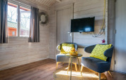 Bright lounge with two modern chairs, yellow pillows, wall TV and window in Stuga 4, De Utrechtse Heuvelrug.