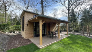 Tiny House 4 moderno de madera con terraza cubierta y muebles, rodeado de césped verde y árboles altos.