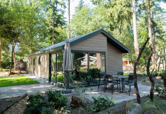 Velthorst 4-lodge in het bos met modern design, grote ramen en een gezellig terras met tuinmeubilair.