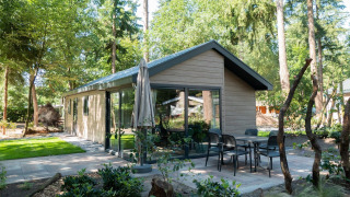 Velthorst 4-lodge in het bos met moderne uitstraling, grote ramen en een betegeld terras met zitje.