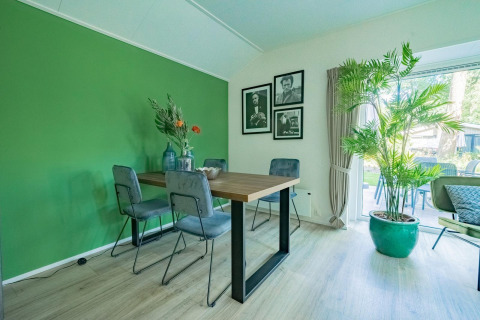 Dining area in lodge Velthorst 4 at De Utrechtse Heuvelrug, Netherlands, with green accent wall and plants.
