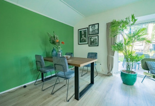 Dining area in lodge Velthorst 4 at De Utrechtse Heuvelrug, Netherlands, with green accent wall and plants.