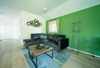 Woonkamer van lodge Velthorst 4 in De Utrechtse Heuvelrug, Nederland, met groene muur en zetel.