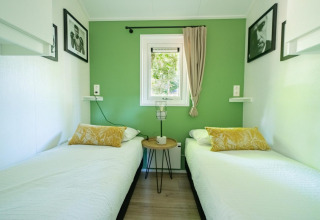 Slaapkamer van Velthorst 4 lodge op De Utrechtse Heuvelrug in Nederland met twee bedden en groene muur.