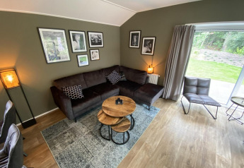 Moderne woonkamer in Velthorst 6 lodge bij De Utrechtse Heuvelrug, Nederland, met zetel en wandkunst.
