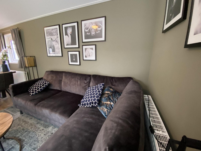 Modernes Wohnzimmer in einer Velthorst 6 Lodge, Utrechtse Heuvelrug, mit Sofa, Bildern und Dekor.