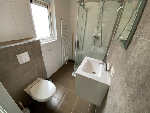 Baño moderno y compacto en Velthorst 6 lodge con ducha, lavabo e inodoro en De Utrechtse Heuvelrug, Países Bajos.