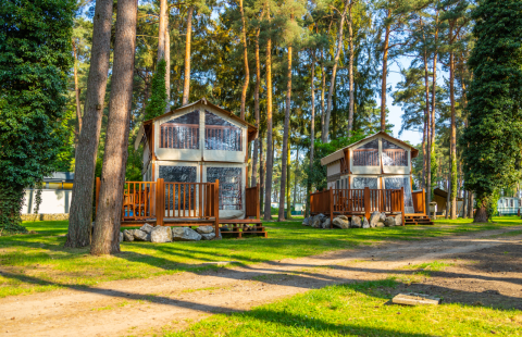 Twee Air Lodge hutten met houten veranda's in een zonnige open plek, omringd door hoge dennen en gras.