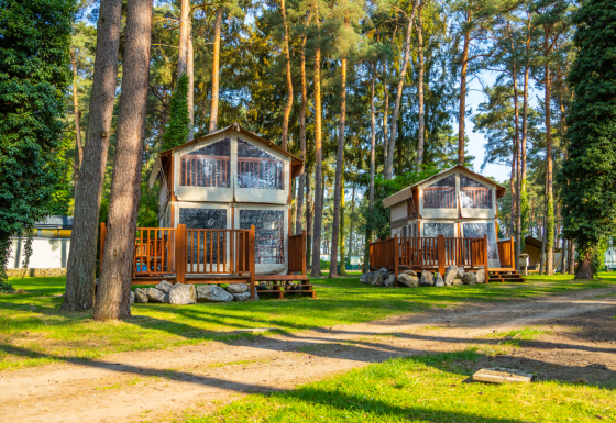 Twee Air Lodge hutten met houten veranda's in een zonnige open plek, omringd door hoge dennen en gras.